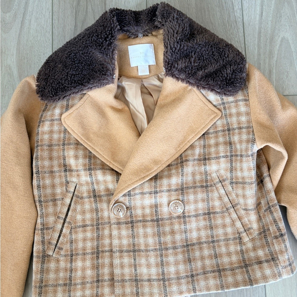 Rachel Parcell Tan Almond Plaid Double Breasted Faux Fur Collar Coat Size XS EUC - Picture 2 of 6